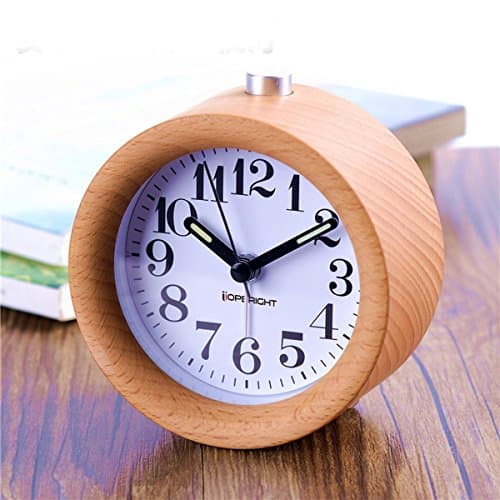 Small Bedroom Silent Alarm Clock,Creative CrazyDream High Quality Beech Wood Clock Travel Clock,Nightlight,Snooze,Silent Sweep Seconds,No Ticking,Luminous Hands,Battery Power (Beech)