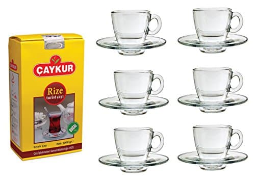 Combo pack 1: 6 Tea Glass Cup with Handle with Glass Saucer Pasabahce Aqua Set with 1kg Caykur Rize Turist Turkish Tea – Black Tea