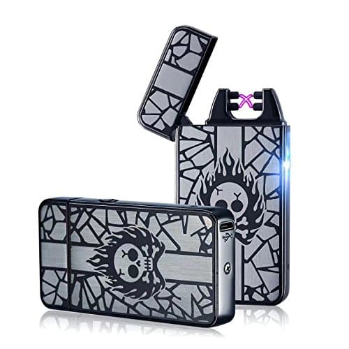 60% off end soon, Hurry, 2016 Newest Electronic Lighter - USB Rechargeable Double Electric Arc Flamless Windproof Cigarette Cigar torch Lighter with USB Cable No Gas for Man Woman Birthday Gift (Skull)