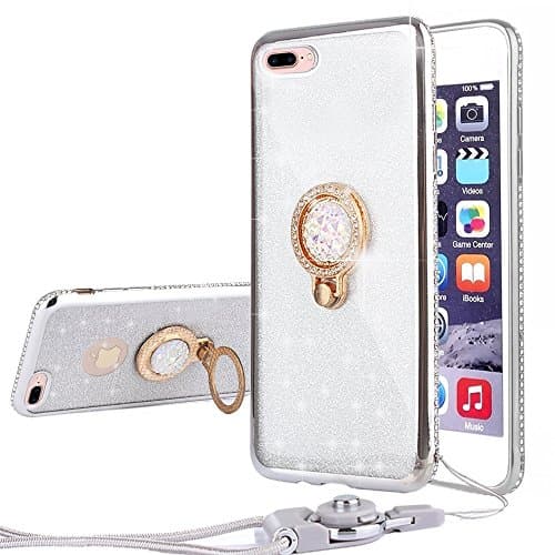 iPhone 8 Plus Case, SENCEE Cute Glitter Phone Case with Lanyard &amp; Stand, Bling Diamond Rhinestone Bumper with Ring Kickstand Soft Protective Sparkly for Girl Women Cover Case for iPhone 8 Plus (Silver)