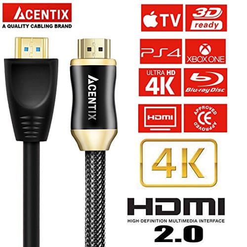 ACENTIX 1.5M PREMIUM 4K HDMI Cable High Speed PRO GOLD HDMI Cable v2.0/1.4a 3D 2160p PS4 SKY HD 4K@60Hz Ultra HD - 28AWG Braided Cord - High Speed 18Gbps - Gold Plated Connectors - Ethernet, Audio Return - Video 4K 2160p, HD 1080p, 3D - Xbox PlayStation PS3 PS4 PC Apple TV (4K GOLD 1.5M(1.5 METER))