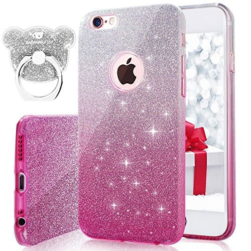 iPhone 7 Plus Case, Aiqaa Gradient Flash Phone Case,[( TPU + PC + Flash Silver Film ) 3 in 1 Phone Case] + [ Flash Ring Bracket ] Anti Drop，Perfect Match, Make Your Phone More Secure, Easier to Operate. (iPhone 7 Plus, Gradual powder)