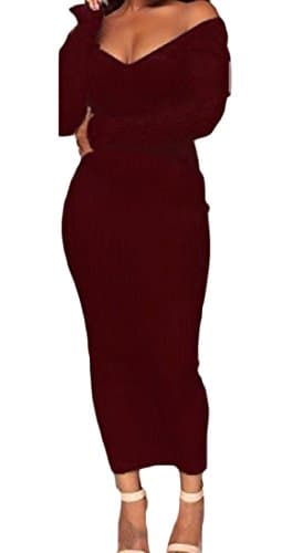 LinkShow Women's Solid Strapless Modern Knit Long-Sleeved Tunic Top Dress Wine Red M