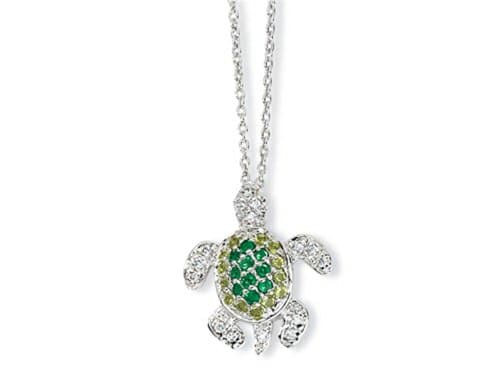 Cheryl M(tm) Sterling Silver Sim. Peridot/Sim. Emerald/CZ Turtle 18in Necklace