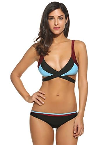 KISSGALS Women's Patchwork Cross Padding 2 Piece Bikini Set Bathing Suit Swimwear
