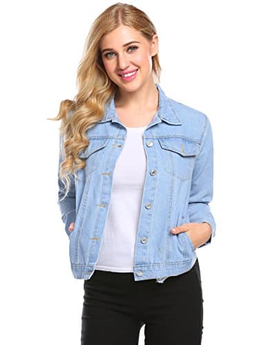 Anhoney Women's Basic Lapel Long Sleeve Button Down Denim Jean Jacket