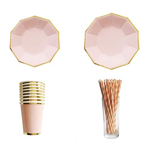 Tenlife Disposable Tableware Sets Rose Gold Stamping Pattern Paper Plates Cups for Birthday Bridal Shower Children Party Decoration(Paper Cup)