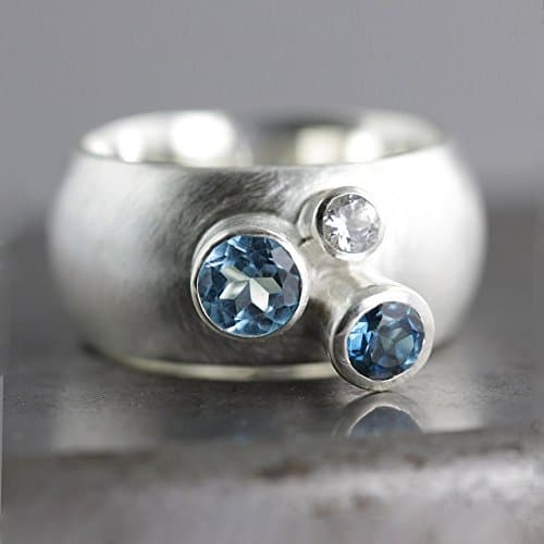 Sterling Silver and Blue Topaz - Three Stone Wide Chunky Statement Ring