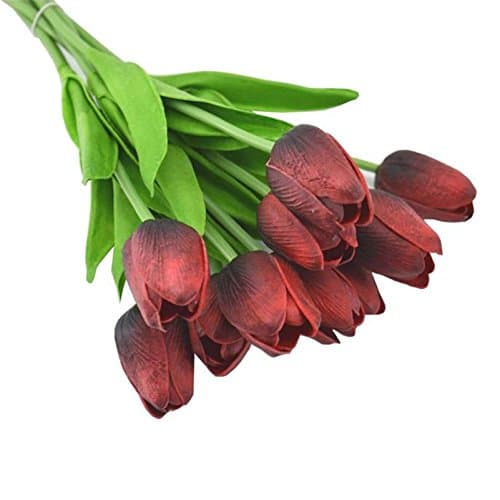 10" REAL TOUCH Mini Tulips Spring Flowers for Home decor, wedding bouquets, and centerpieces (24 PCS) (Dark Red)