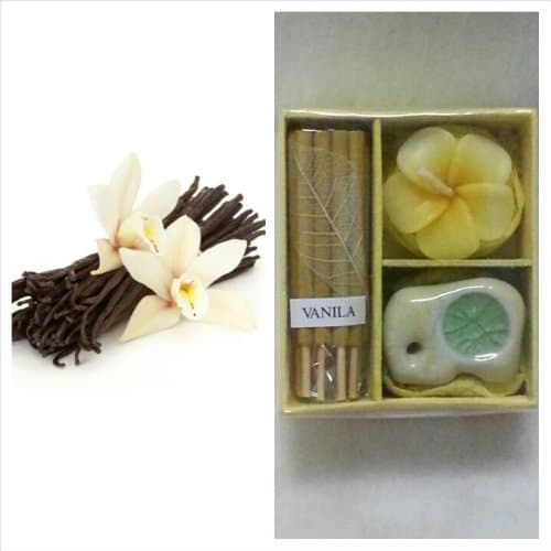 Vanilla Scent Thai Aroma Gift Box Set with Incense Sticks, Frangipanee Flower Candle Design, Elephant Container Holder, Size 2.5 X 3"