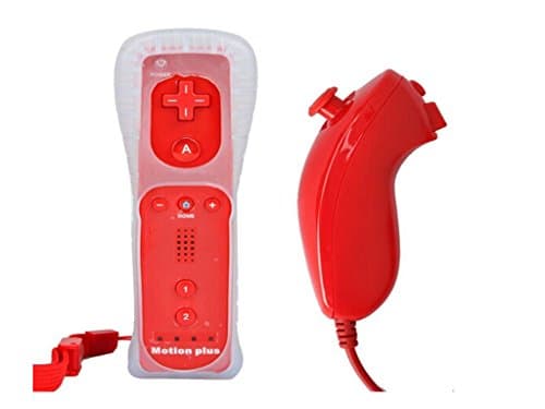 Built-in Motion Plus Remote & Nunchuck Controller For Wii + Silicone Case + Wrist Strap for Nintendo Wii/Wii U-MEGIA (Red)