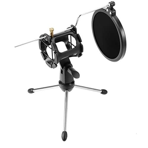 Chliste Foldable Desktop Microphone Tripod Stand with Shock Mount Mic Holder and Double-Net Pop Filter for Podcasts, Internet Chat, Meetings, Lectures, and More