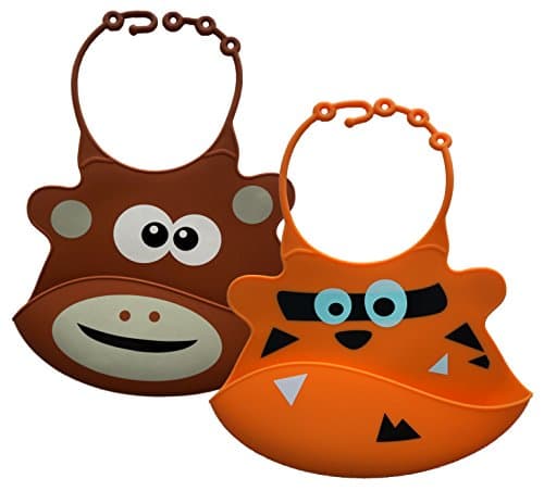 Baby Feeding Bib with pocket, SAVE NOW 2 Pack. Soft FDA Approved Silicone, BPA Free. Gift for Boys and Girls. Easy to clean, Now New Fun Animal Designs Orange Tiger and Brown Bear