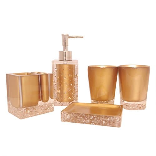 NarwalDate 5 pieces Bathroom Accessory Set Upgraded Version Acrylic With Crystal, Including Toothbrush Holders,Gargle Tooth-brushing Tumbler,Soap Dishes,Soap &amp; Lotion Dispenser Pump (Gold)