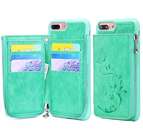 iPhone 7 Plus Zipper Wallet Case, iPhone 8 Plus Leather Case, WaterFox Flower Butterfly Pattern Credit Card Holder Cases with Money Pocket, Cover for Apple iPhone 6 Plus/7 Plus/8 Plus - Green