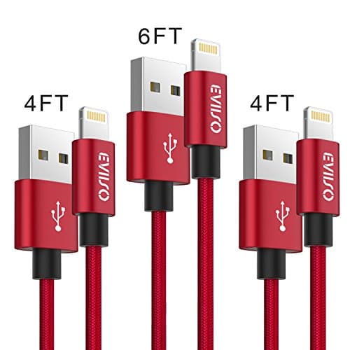 iPhone Charger Lightning Charging Cable MFi Certified, EVIISO 3Pack 4FT 4FT 6FT Nylon Braided Lightning to USB Charger Cable Fast Charging Cord for iPhone X 8 7 6s 6 plus SE 5s 5c 5,iPad,iPod (Red)