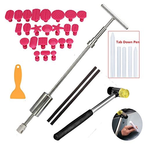 Dent Remover Tools with Grip Pro Slide Hammer Dent Puller Dent Hammer with 5 PCS Tab Down Pen 24 Puller Tabs for Hail Damage, Door Dings, Minor Collision Dents, And Creases (GJ1162)