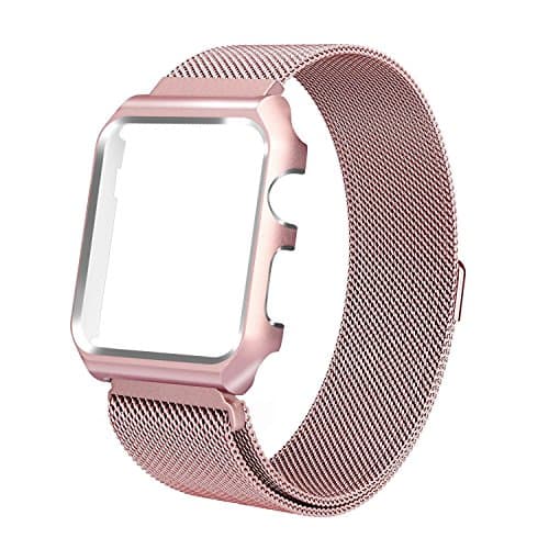 Hollyfun Milanese Loop Replacement Band With Metal Protective Case For Apple Watch Band 42mm Series3 Series 2 Series 1 (Rose gold, 42mm)