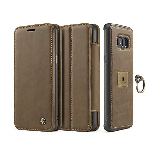 Galaxy S8 Plus Leather Case,HIPICB Slim Folio Book Leather Cover,Detachable Magnetic 360 Rotating Ring Grip Holder Stand Protective Case [Card Slot] [Wrist Strap] for Samsung Galaxy S8 Plus - Brown
