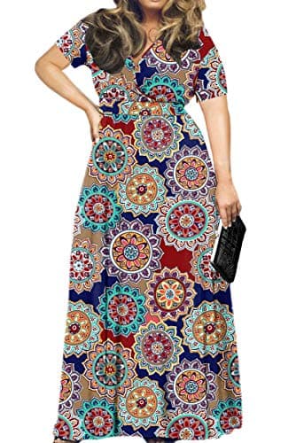 POSESHE Women's Solid V-Neck Short Sleeve Plus Size Evening Party Maxi Dress