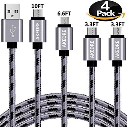 Micro USB Cable, AKEDRE 4Pack [10FT 6FT 3FT 3FT] Super-Durable Nylon-Braided Android Charging Cord for Samsung Galaxy S7 Edge/S7/S6/S4/S3, Note /4/3 (Grey)