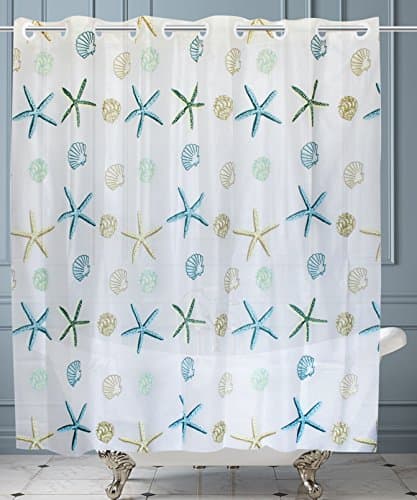 Hookless Shower Curtain Starfish Shell Sea Beach Theme - Light White and Blue Plain Translucent Half Clear Design for Bathroom without Hooks [YUMIKO]