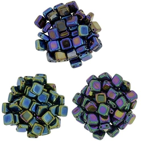 Tile Beads Bundle - 3 Colors: Czechmate 6mm Square 2-Hole Tile Beads - Iris Mix: Blue, Iris, Purle Iris, Green Iris (75 beads total)