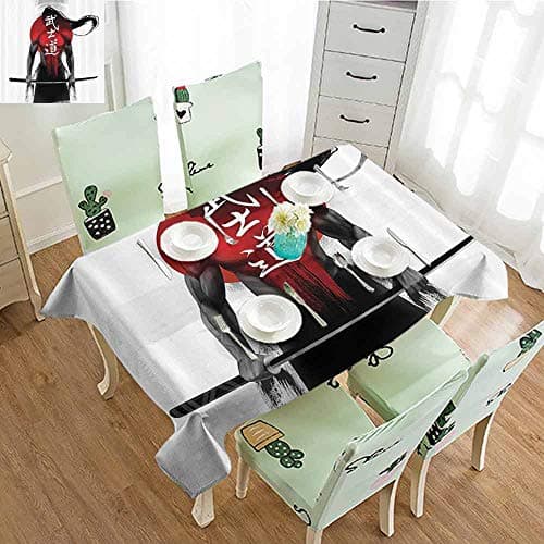 EDZEL Thickened Tablecloth, Kitchen Dinning Tabletop Decoration, Samurai Warrior Figure on Sunburst Background Ronin Japan Indigenous War Theme, 50"x80", Red Black White