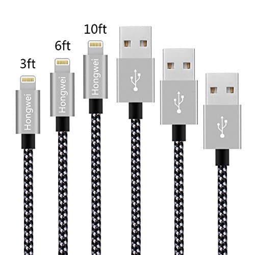 iPhone Charger Cables, HW 3PACK 3FT/6FT/10FT Lightning Cable,8 Pin Nylon Braided Charger Cable Charging Cord Certified for iPhone X/8/8 Plus/7/7 Plus/6s/6s Plus/6/6 Plus,iPad/Air/Mini (Black Gray)