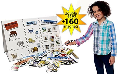 Double Sided Tabletop Foldable Magnetic Easel - Dry Erase Board - Whiteboard - with 160 Magnets - Sorting Set - Educational - Food Groups - Animal Classes - Weather - Day & Night