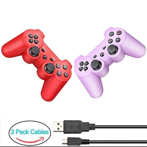 YOUCable PS3 Controller with 2 Packs Charger Cable Wireless Playstation 3 Remote Dualshock Bluetooth Gamepad (Red+Purple)