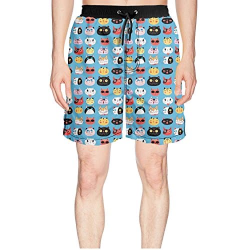 Patterned Cartoon Cute Cats Faces Blue Background Printed Men Beach Swim Shorts