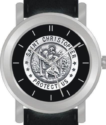"St. Christopher Protect Us" Is the Inspirational Image on the Dial of the Unisex Size Brushed Chrome Round Case with Black Leather Strap