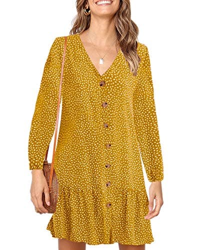 Imysty Womens Polka Dot V Neck Button Down Ruffles Loose Mini Short T-Shirt Dress