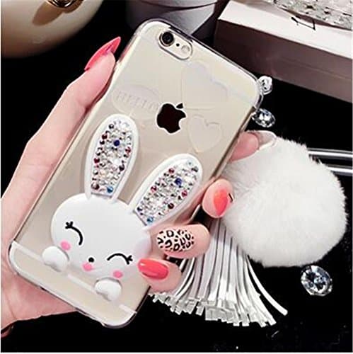 iPhone 7 Case with Chain,Cute Lovely Bunny Rabbit Silicone Soft Case Cover for iPhone 7 4.7 inch with Fur Ball (White)