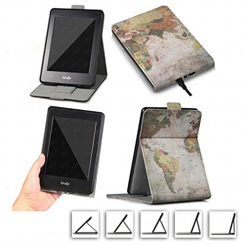 DHZ Multi-Viewing Case for Kindle Paperwhite - PU Leather Vertical Stand Flip Cover with Hand Belt Card Slot Auto Sleep/Wake for Amazon Paperwhite(All 2012 2013 2014 2015 2016 Versions),World Map
