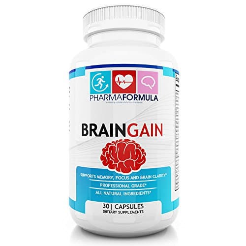 PharmaFormula BrainGain Natural Brain Function Formula - Pure & Potent Cognitive Enhancer - Supports Memory, Focus & Clarity - Veggie Capsules With Nootropics & Vitamins For Maximum Performance