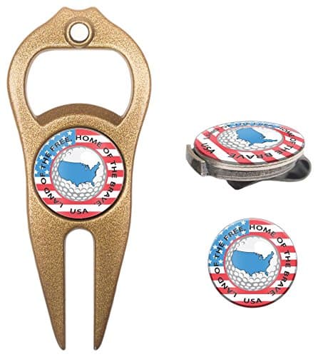 Hat Trick Openers 6-in-1 Golf Divot Tool & Hat Clip Set with USA Logo, Gold