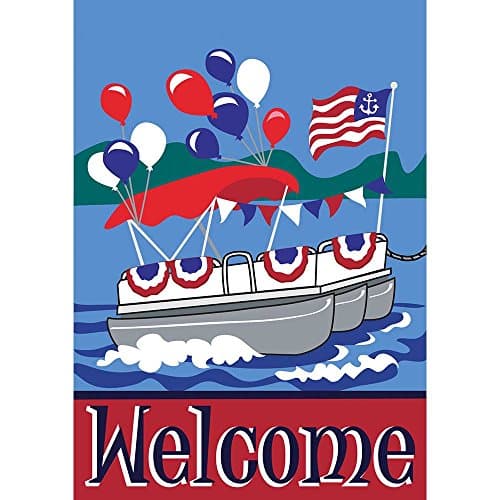 Welcome Patriotic Pontoon Boat 18 x 13 Rectangular Double Applique Small Garden Flag