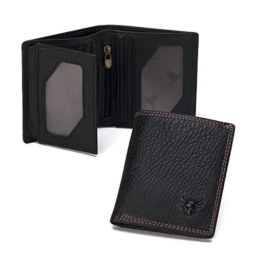 Compact Mini Soft Grain Genuine Cowhide Leather Bifold Vertical Wallet 3 ID &amp; Photos (Black)