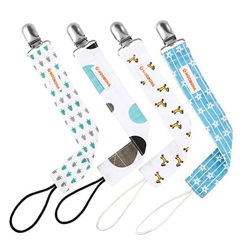Pacifier Clips - 4 Pack - Stainless Steel Binky Clips/Strap/Leash for soothies, teethers - 2-sided Unisex Design by MOOBONA