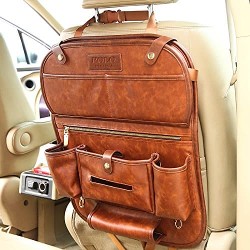 Back Seat Car Organizer for Kids Foldable Dining Table 9.7" Tablet Holder PU Leather Travel Storage Bag (Brown)