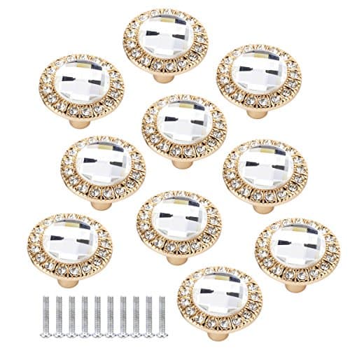 30MM Round Shape Crystal Glass Knobs Drawer Cupboard Pulls Handles Wardrobe Drawer Cabinet Door Kitchen Knobs and Handles, Pack of 10 (Gold)