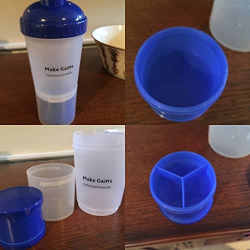 Physique Formula Best Protein Shaker Cup With Two Storage Comparments For Protein Powder And Pills, No Metal Ball, BPA Free