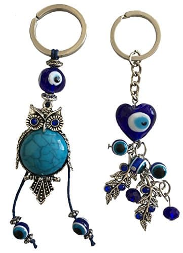 Blue Evil Eye Keychain Ring for Protection and Blessing, Set of 2 Charms Owl and Heart with Leaves for Wisdom and Life