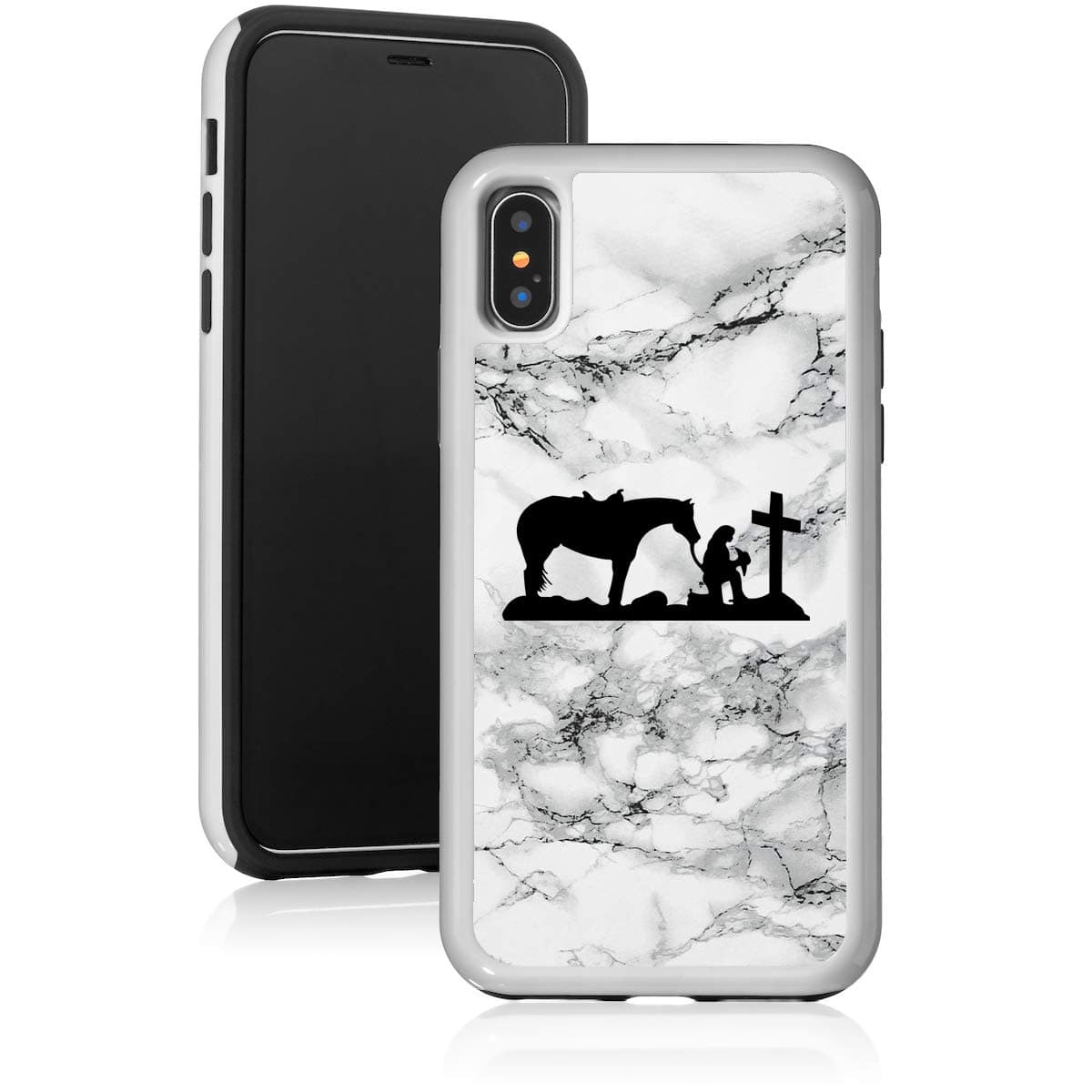 Marble Shockproof Impact Hard Soft Case Cover for Apple iPhone Cowgirl Praying Cross Horse (Black, for Apple iPhone 7 Plus/iPhone 8 Plus)