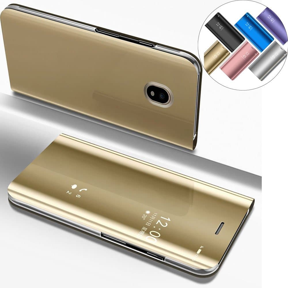 LEMAXELERS Galaxy J7 2017 Case Shock-Absorption Clear View Flip Electroplate Plating Mirror Makeup Kickstand Full Protection Cover for Samsung Galaxy J7 Pro/J7 2017 SM-J730,Mirror PU:Gold