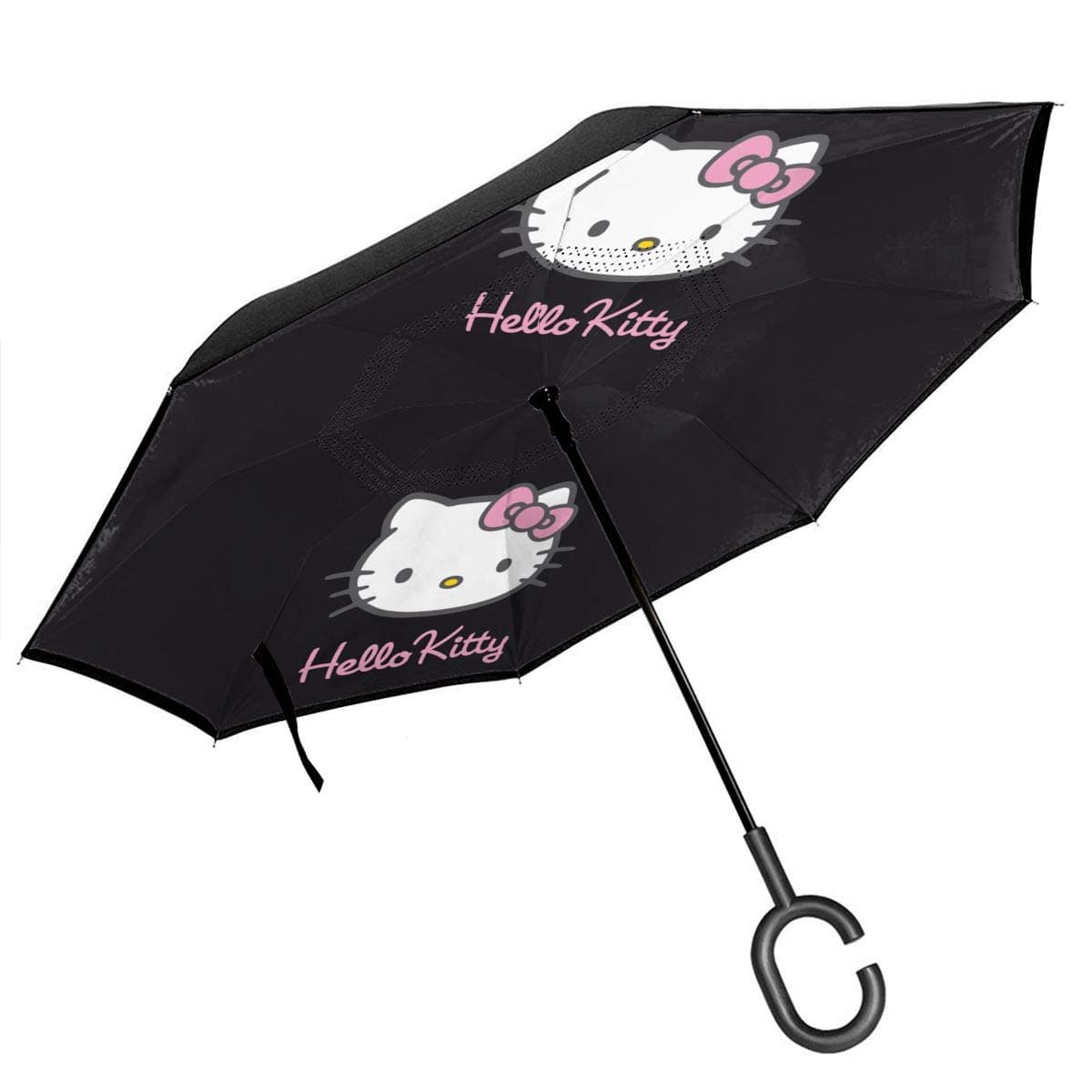 Double Layer Inverted Umbrella With C-Shaped Handle - Black Hello Kitty Reverse Windproof Umbrella UV Protection Upside Down Umbrella