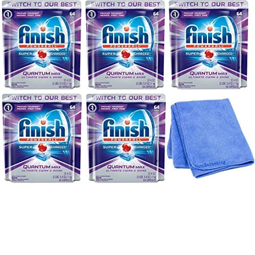 Finish Quantum Max Powerball, 64ct, Dishwasher Detergent Tablets, Ultimate Clean &amp; Shine, 5-Pack with Cleaning Cloth
