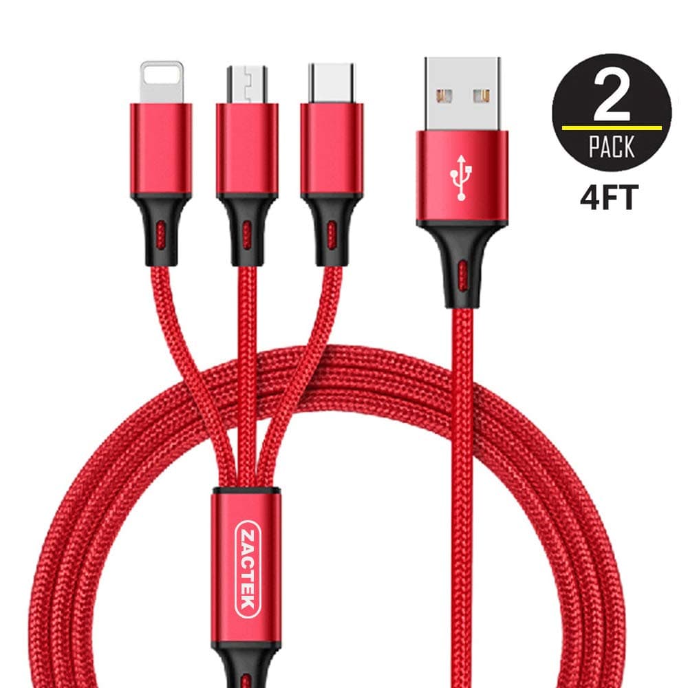 2Pack Multi Charger Cable-ZACTEK- Nylon Braided (4FT) USB Charging Cable Adapter with USB Type C/Micro USB connectors for Mobile Phones Tablets and More